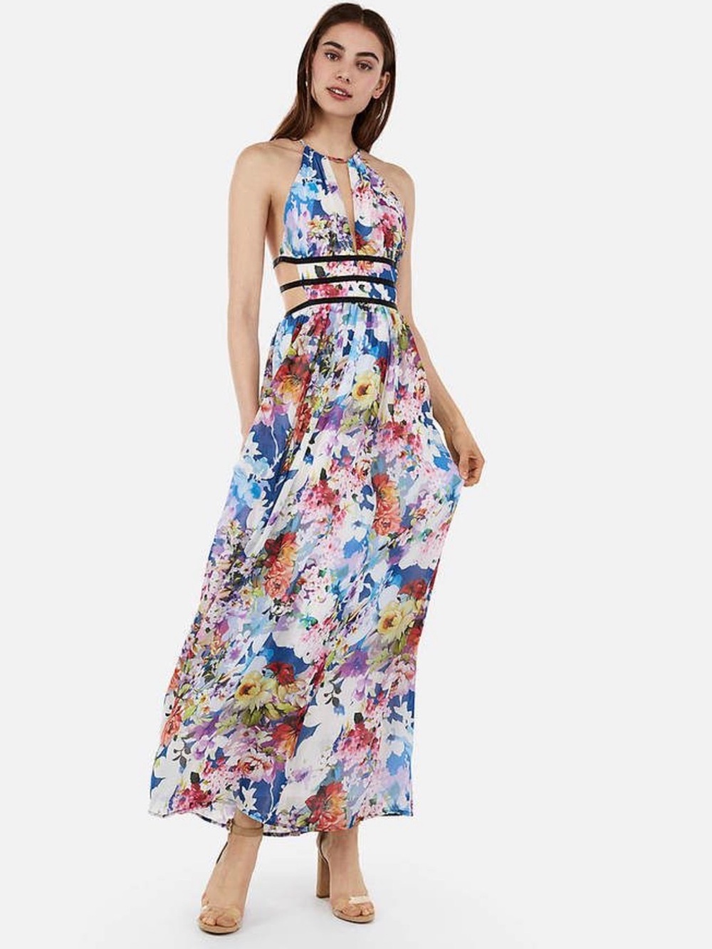 Express Floral Halter Maxi Dress in Blue, Pink, Yellow